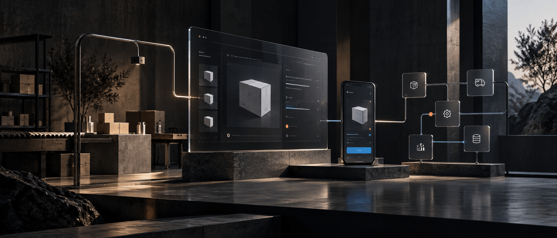Ambiente tecnológico com interfaces de sistema, aplicativo e módulos conectados